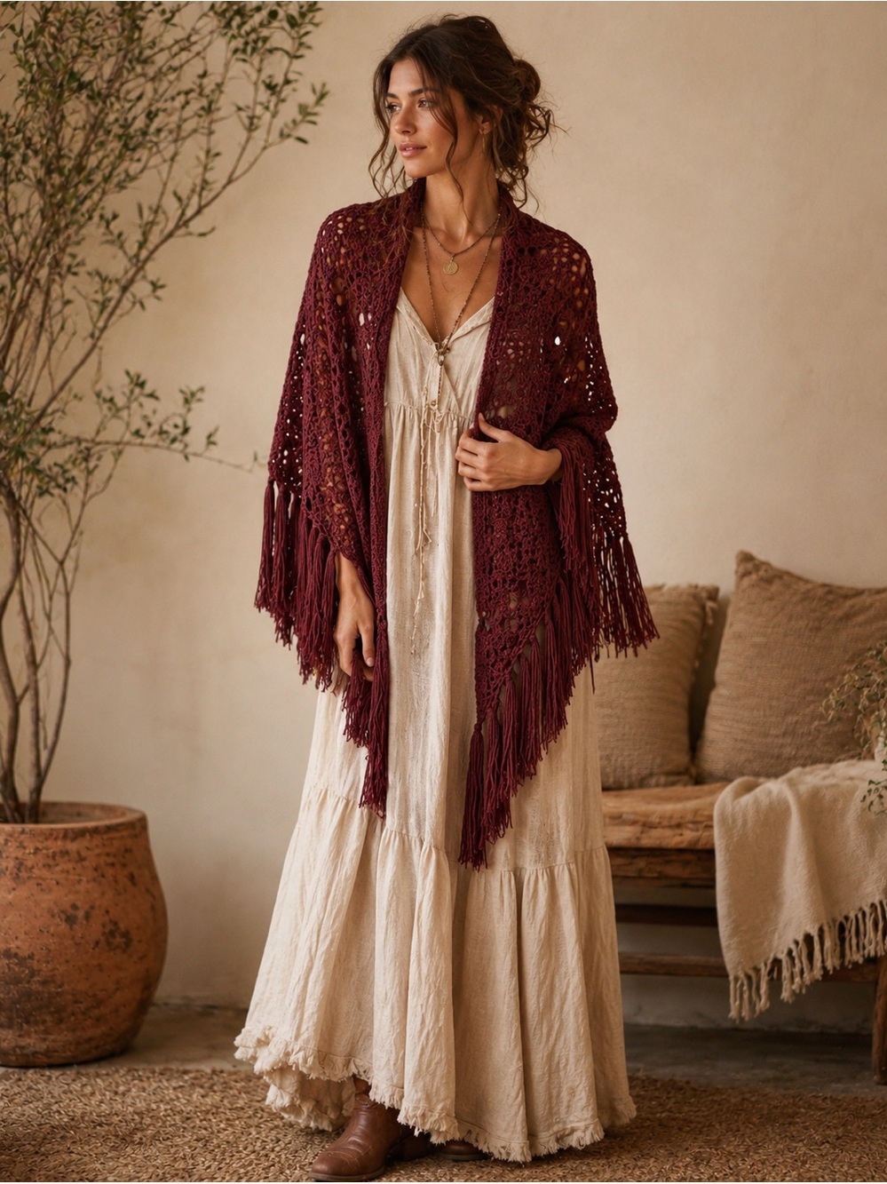 Burgundy Crochet Fringe Shawl Wrap Boho Festival Western